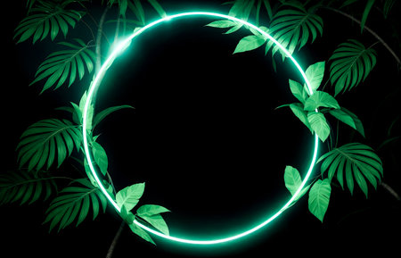 Green and Blue Neon Light with Tropical Leaves. Dark tropical exotic background with Leaf palms and light neon circle. Fluorescent Neon Circle. fresh green leaves with circle neon lightの素材