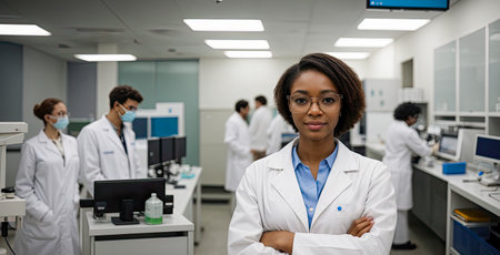 young female medical scientist stands with her arms crossed in the laboratory. Genetic research, Science with molecules and atoms in the laboratory, Medical science and biotechnology. Generative AIの素材