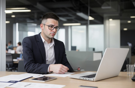 Serious and focused financier accountant on paper work inside office, young man using laptop for calculating reports and summarizing accounts, businessman at workの素材