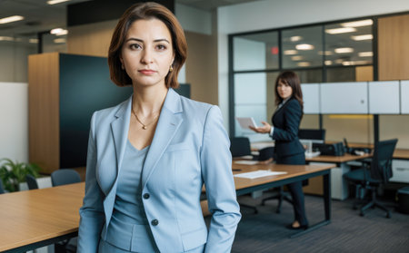 confident businesswoman, company CEO, experienced female professional, business coach team leader in modern office. Female leaderの素材