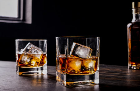 Glass of whiskey with ice on dark wooden table and black background. brown whiskey in glass with ice cube on bar tableの素材