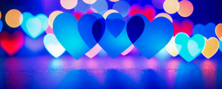 illuminated hearts in various sizes and colors create a magical bokeh effect. Dominated by blue with splashes of red and purple, this image is perfect for love-themed designs or eventsの素材