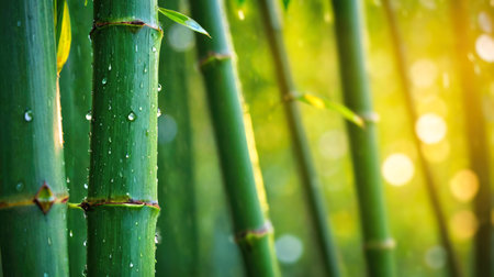 Bamboo forest in morning. Closeup beautiful view of nature green bamboo on greenery blurred background with sunlight and copy spaceの素材