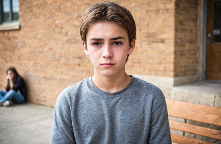 problems of teenagers at school, bullying, harassment, poor performance. Eyes red from crying, young student portrays adolescent challenges, showcasing emotional distress, bullying impactの素材