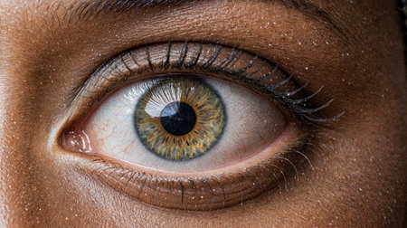 Close up of brown eye. Macro photography, intricate details of brown eye, natural beauty and complexity of iris patterns amidst dark eyelashes and smooth skin.の素材
