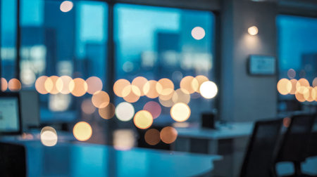 Blurred evening office environment captured in blue tones, showcasing modern workspace with blurred outlines. City lights from outside create bokeh effectの写真素材