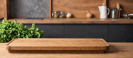 Kitchen scene, empty wooden chopping board, rustic charm, perfect for food prep. Utensils within reach, hinting at cooking process. cooking, food, home, lifestyle, and kitchenwareの素材