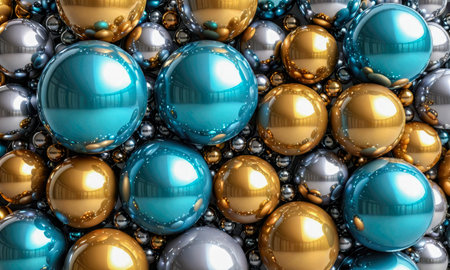 Lustrous metallic spheres, reflecting light, gather in an intricate arrangement. The addition of smaller beads enhances their allure, resulting in a visually rich compositionの素材
