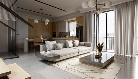 Contemporary apartment interior: Chic and cozy living area with plush sectional sofa, minimalist...
