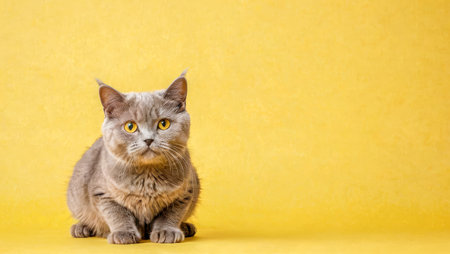 Cute banner with grey cat looking into viewer on solid yellow background. advertising web banner, copy spaceの素材