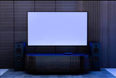 Tv mockup in living room at night. Apartment Interior with TV Set with white Screen. MockUp Display Standing on Television Stand. dark Living Room at Home. Night Shot.の写真素材