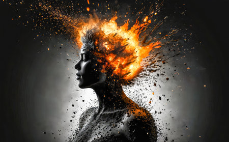 Woman with Fiery explosion on her head as symbol for inner stress and negative though for intense splashing emotion mental health. Mental health conceptの素材