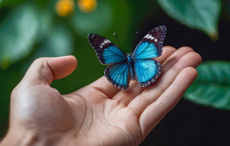 butterfly on human hands on abstract sunny natural background. freedom, save wild nature, ecology concept. encounter man and nature. harmony, peaceful atmosphere landscape. copy spaceの素材