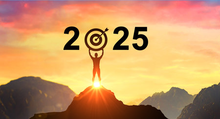 2025 new year. Success Business Leadership. Goals, hopes and aspirations concept. Silhouette of...