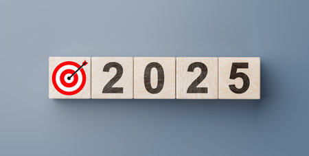 New year resolution 2025. Goal achievement. Ambition aiming success. Dartboard and arrow with number...