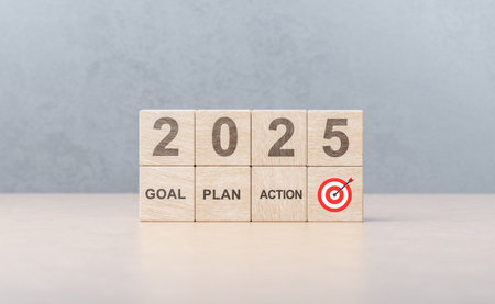 2025 new year goal plan action. Goal achievement. Ambition aiming success. Setup objective target...