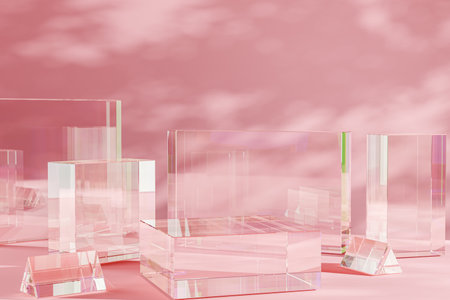 product placement podium. transparent display stands of varying heights grace pink backdrop, clarity...