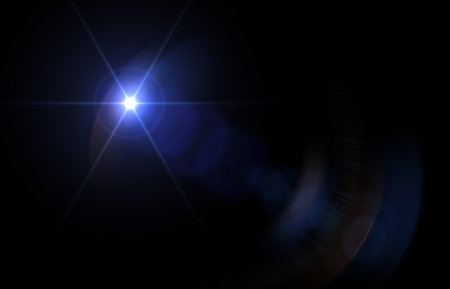 Lens flare, blue glow light effect on black. image of rays light effects, overlays or flare for design. screen blending mode. Set of abstract sun burst, flare, glare over black background.の写真素材