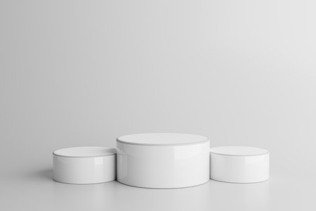 Three white round podiums for product presentation on gray background. Blank product three podium....