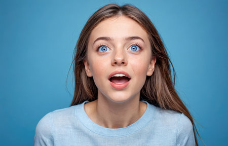 young woman in awe, facial expression indicating pleasant shock. Bright blue backdrop, light attire complements scene, making stunned reaction focal point of captivating visualの素材