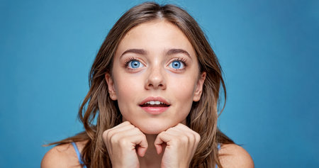 Young woman with mesmerizing blue eyes looks afar, exuding aura of hope and curiosity. facial expression indicating pleasant shockの素材