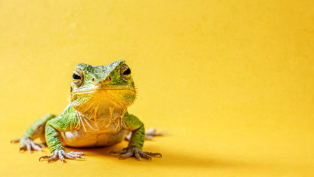 Green exotic lizard on yellow background with copy space. Funny lizard abstract green lizard, isolated on yellow background banner. advertisement backgroundの素材