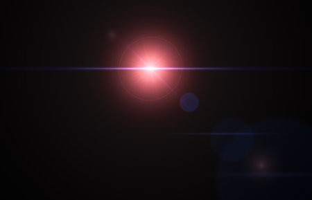 Lens flare glow light effect on black. image of rays purple light effects, overlays or flare isolated on black background for design. anamorphic lens flare light over black backgroundの写真素材