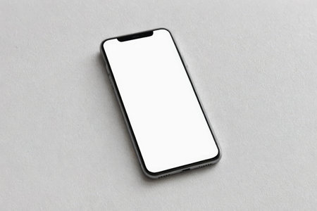 Realistic smartphone mockup. Mobile phone with blank white screen on gray background. 3D mobile...