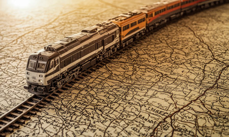 Train model on map , rail transportation or train journey. increase in passenger traffic and freight transportation by railの素材
