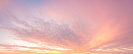 Sunset Cloudscape Panorama with Pink and Purple Hues, Serene Sky, Vibrant Sunset Colors, Soft Cloud...