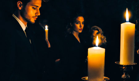 Funeral Ceremony with Candle Holders, Peaceful Mourning Scene at Dusk, Tribute Gathering for Lost Loved One, Respectful Farewell in Candlelightの素材