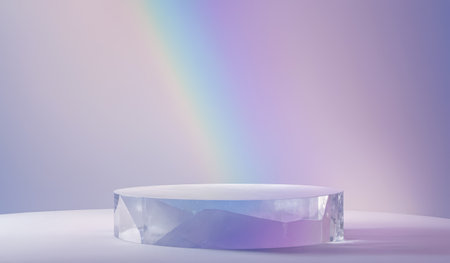 Translucent crystal podium with rainbow light effect, soft purple pink illumination, minimalist aesthetic, product showcase or design. 3d illustrationの写真素材