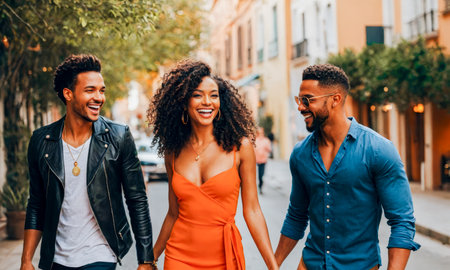 Trio of friends navigate downtown, two men subtly compete for attention of stylish woman, relaxed social outing turns into unexpected romantic contest, love triangleの素材