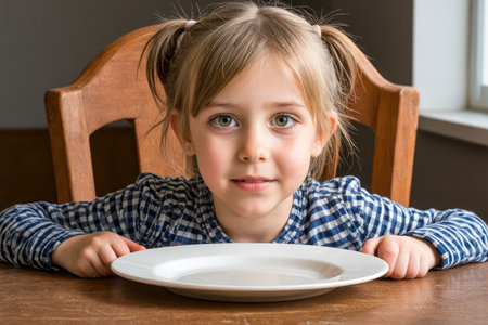 Young kid sits with empty dish ready for healthy meal, importance of nutrition emphasized in homely atmosphere, striped shirt, wooden chairの素材