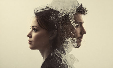 couple silhouette background looking in different direction , in marriage clash and about to get divorce or to separateの素材