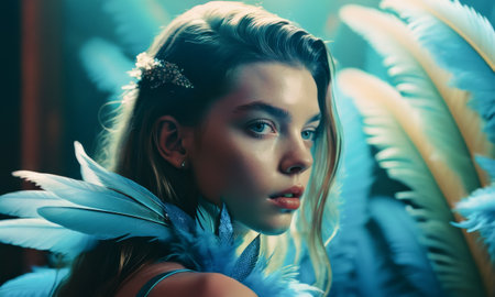 Close-up beautiful Young woman portrait, Colorful Blue Feathered Headpiece, Part of Festive Costume, Bright Plumes, Detail of Carnival or Party Attireの素材