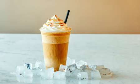 Cold Brew Iced Latte Topped Whipped Cream Sweet Caramel Drizzle Transparent Glass, Fresh Ice Cubes Around White Marble Counter, Delicious Summer Coffee Treat, Elegant Beverage Displayの素材