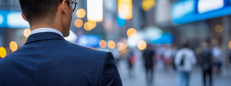 Evening falls as businessman in formal attire, back view on crowded urban street, city lights blur around him reflecting busy life and corporate world during rush hourの素材