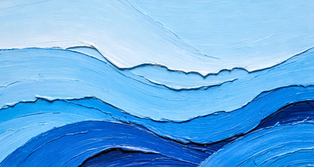 Close up texture painting bold blue brush strokes wave pattern canvas, vibrant azure cobalt hues,...