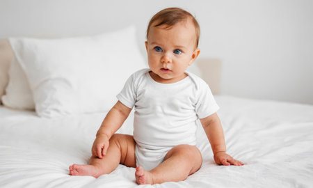 Baby in white onesie, seated on comfortable bedding, in tranquil bedroom, bathed in soft natural light, barefoot infant, gaze directed away, peaceful ambiance, nursery room settingの素材