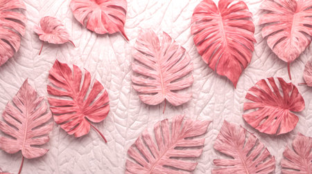 Vibrant Pink Red Monstera Deliciosa Leaves Overlapping Textured White Surface Natural Botanical Pattern Tropical Foliage Design Element Flat Lay, Summer Background Organic backdropの素材