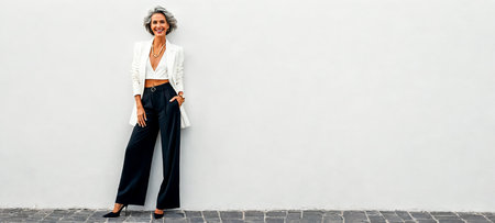 Stylish middle-aged woman dressed trendy clothes stands confidently, full body, neutral backdrop, perfect brand promotion significant empty space add marketing content graphicsの素材