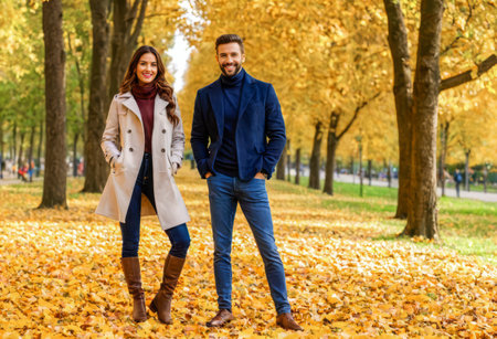 Couple strolls on leaf-covered path, autumn park around, trees in fall colors, casual outdoor walk, seasonal change captured, walking duo amidst changing foliage, essence of fallの素材