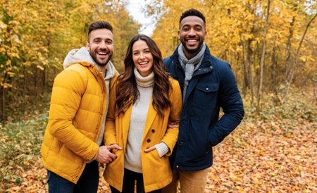 Three friends celebrating autumn in park, wearing cozy outfits, surrounded by colorful leaves, enjoying nature, sharing laughter, seasonal happiness, outdoor activity, walking path, golden foliageの素材