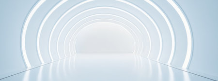 Modern futuristic tunnel with smooth curves and bright lighting, empty white corridor in contemporary design, minimalist architecture for background use in advertising, graphic design projectの素材