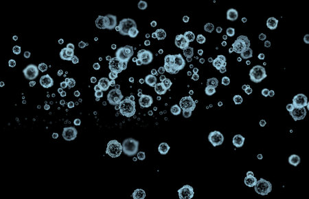 Close-up microscopic view of various bacteria clusters and individual virus particles, isolated on black background, depicting intricate details of pathogenic microorganisms in scientific research contextの写真素材