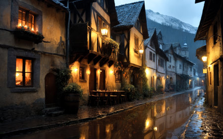 Old European town. dusk cobblestone street in historic European village, warmly lit windows of traditional houses, empty outdoor tables, serene mountain view shrouded by mist, glistening wet pavementの素材
