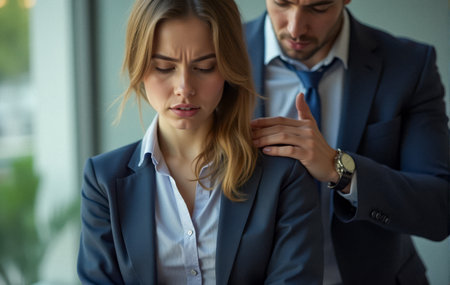 Workplace harassment. Corporate environment harassment, male superior placing hand on uncomfortable young female employee shoulder. female worker shows emotional distress, unwanted physical contactの素材
