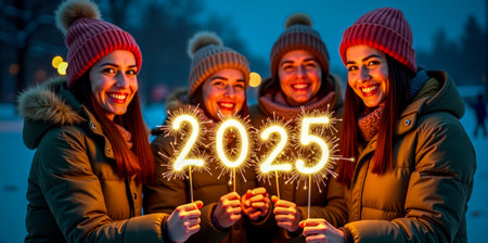 2025 New year. Group on city street at night, celebrating arrival of 2025, holding bright sparklers. joyful winter holiday scene with friends sharing New Year Eve moment in cold weather ambianceの素材