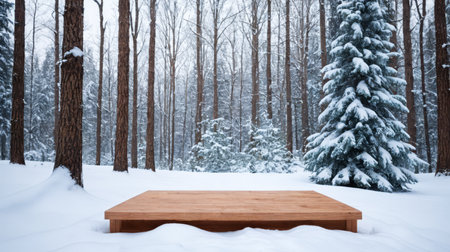 winter forest scene with wooden platform, snow-covered pines, tranquil natural setting for outdoor product display, peaceful branding backgroundの素材